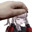 a pixel art of a person petting a girl 's head with their hand .