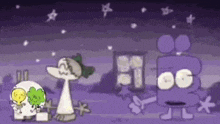 a group of cartoon characters are standing next to each other in front of a house .