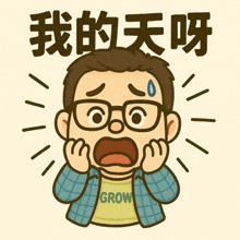 a cartoon drawing of a man with glasses and a shirt that says grow