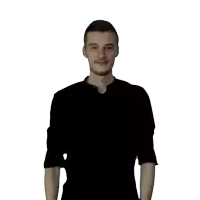 a man wearing a black shirt is making a hand gesture