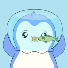a cartoon penguin is holding a fish in its mouth