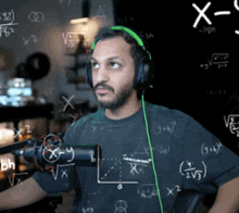 a man wearing headphones and a mclaren shirt stands in front of a blackboard with math equations written on it
