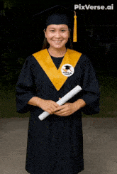 a woman wearing a graduation cap and gown holds a diploma with a sticker that says super mom