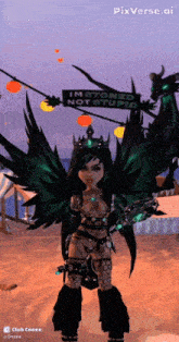 a girl with wings is standing in front of a sign that says " i 'm stoned not stupid "