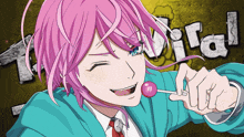 a girl with pink hair is licking a lollipop in front of a sign that says world