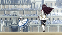 two anime characters are standing in front of a castle