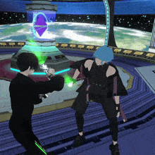 a man with blue hair stands next to another man in a video game