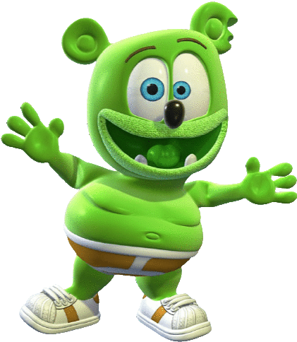 a green gummy bear with blue eyes is standing with his arms outstretched on a white background