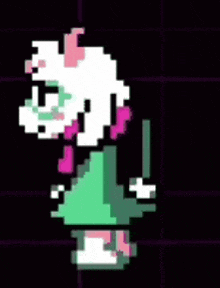 a pixel art drawing of a sheep wearing a green and pink outfit .