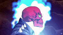 a pixel art of a pink skull with a green eye