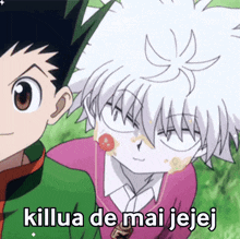 a couple of anime characters are standing next to each other with the words killua de mai jejej written on the bottom .