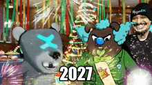a cartoon of a clown and a teddy bear with the year 2027
