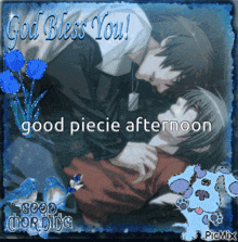 a greeting card that says " god bless you " and " good piece afternoon "
