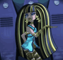 a monster high character stands in front of purple lockers with skulls on them