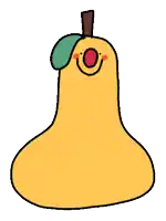 a yellow pear with a green leaf and a red nose