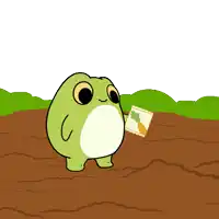 a frog is holding a bag of carrot seeds in a field