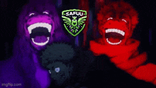 a pixel art of a group of people laughing with the word safuu on the bottom .
