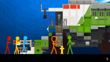 a group of stick figures standing in front of a building in a video game
