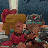 a couple of cartoon characters , peach and rosalina , are sitting next to each other in a video game .