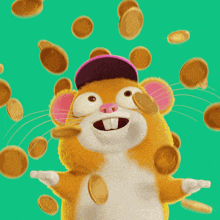 a cartoon hamster wearing a pink hat is surrounded by coins
