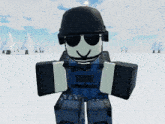 a soldier in a video game is wearing a black helmet and holding a shield