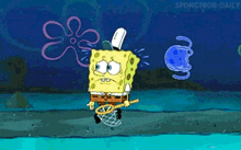 a cartoon of spongebob holding a fishing net in his hand