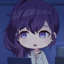 a cartoon girl with purple hair is looking at a laptop
