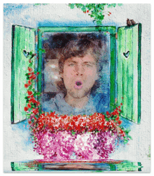 a painting of a man looking out of a window with flowers