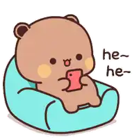 a cartoon teddy bear is sitting on a bean bag chair holding a cell phone .