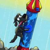 a cartoon drawing of a dog standing on top of a blue rocket