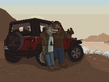 a pixel art drawing of a man and a fox standing next to a jeep that says fortelle on the back