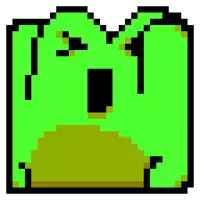 a pixel art of a green frog with a surprised face .