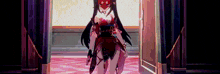 a girl with long black hair and a red mask is standing in a hallway .