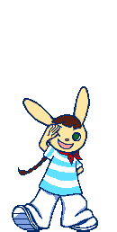 a pixel art drawing of a rabbit wearing a striped shirt