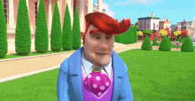a cartoon man with red hair and a pink tie is standing in front of a building .