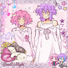 a good night greeting card with two girls and a sleeping cat