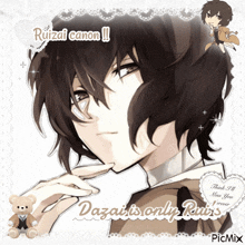 a picture of a boy with the words " dazai is only ruins " on it