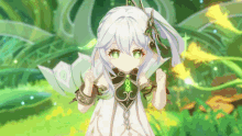a girl with white hair and green eyes is standing in a field of grass