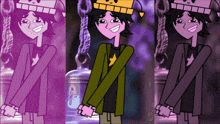 three cartoon characters are standing next to each other in different shades of purple