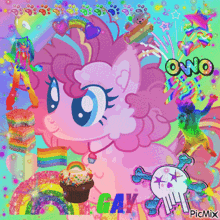 pinkie pie from my little pony is surrounded by rainbows cupcakes and a skull and crossbones