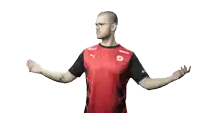 a man wearing a red and black shirt with the letter d on the front