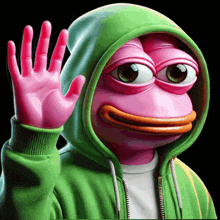 a pink frog wearing a green hoodie and a pink hand