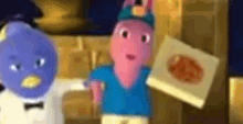 a blurry picture of a cartoon character holding a pizza box .