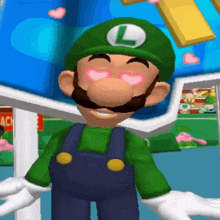 a cartoon character with hearts in his eyes and a l on his hat
