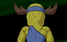 the back of a cartoon character with horns and a blue bandage on his back .