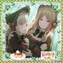 a picture of two anime girls with a picture of a cake on the bottom of the picture