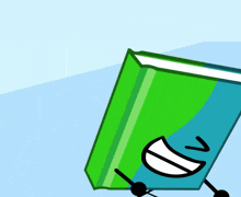 a blue and green book with arms and legs is smiling
