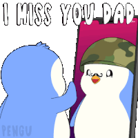 a penguin in a military hat is looking at himself in a mirror with the words i miss you dad below it