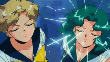 a couple of anime characters are standing next to each other with their eyes closed