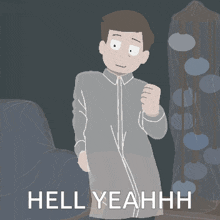 a cartoon drawing of a man with the words hell yeahh below him
